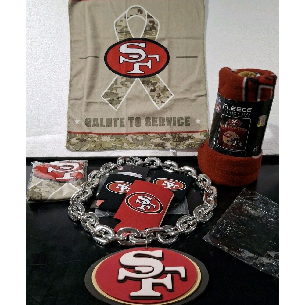 San Francisco 49ers Super Fan Lot 7 Pc Towels Coozies Throw Fan Chain Necklace
